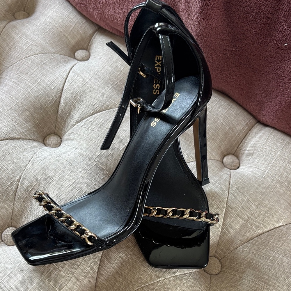Express Black Patent Leather Chain-Trim High Heel Sandals